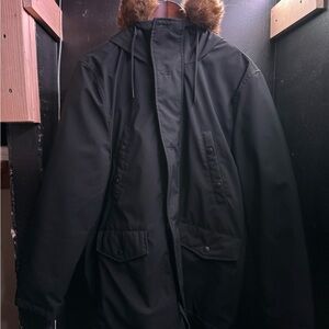 Express Men's Black Jacket with Faux Fur Trim